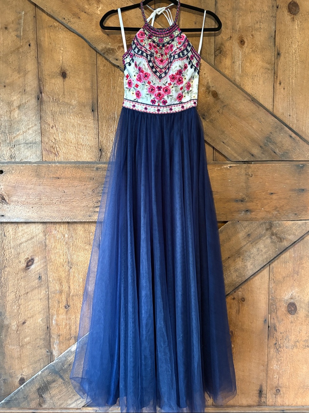 Morilee Madeline Gardner Navy Tulle Prom Dress Floral Pink Embellished Bodice 00